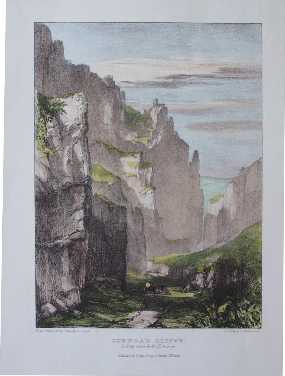 Lithograph - Cheddar Cliffs. Looking towards the Entrance - Prout